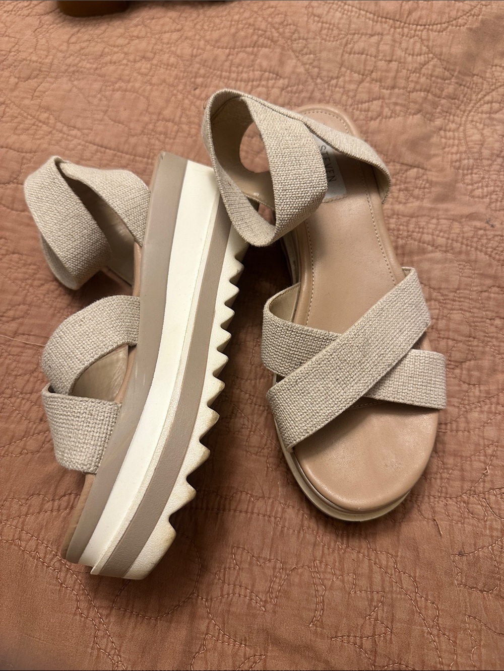 Steven New York Beige Textured Fabric Platform Sandals - Women's Summer Wedges
